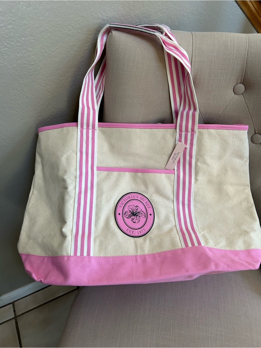 Victoria's Secret Cream and Pink Canvas Tote with Logo Patch
